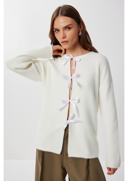 Yün Karışımlı Fiyonklu Hırka LİY0008 Kemik fiyatları