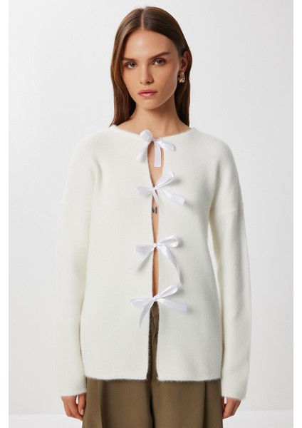 Yün Karışımlı Fiyonklu Hırka LİY0008 Kemik fırsatları