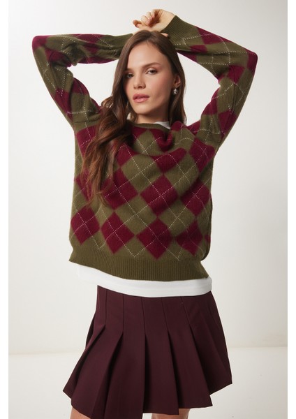 Baklava Desenli Yumuşak Dokulu Triko Kazak LPF0096 Yeşil Bordo