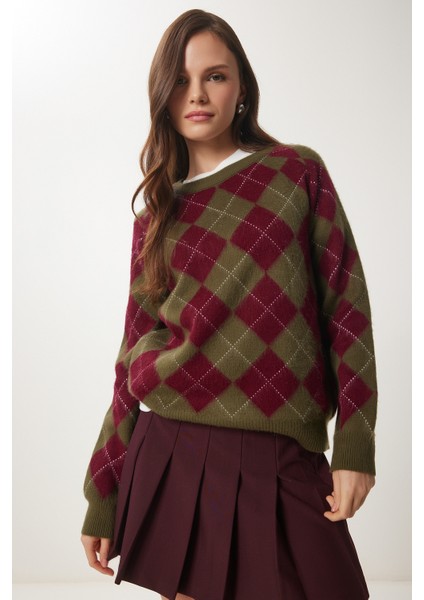 Baklava Desenli Yumuşak Dokulu Triko Kazak LPF0096 Yeşil Bordo fiyatları