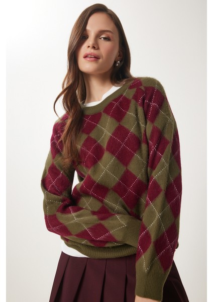 Baklava Desenli Yumuşak Dokulu Triko Kazak LPF0096 Yeşil Bordo modelleri