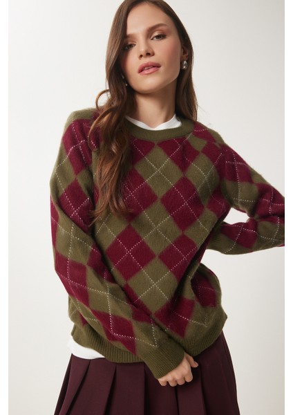 Baklava Desenli Yumuşak Dokulu Triko Kazak LPF0096 Yeşil Bordo fırsatları