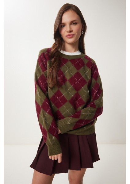 Baklava Desenli Yumuşak Dokulu Triko Kazak LPF0096 Yeşil Bordo indirimleri