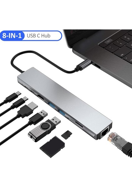 8 In 1 Type C To Hdtv Çok Portlu Hub 4K HDMI Pd RJ45 USB 3.0 Sd Tf Çevirici Adaptör fiyatları
