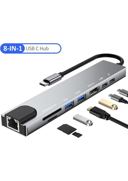 8 In 1 Type C To Hdtv Çok Portlu Hub 4K HDMI Pd RJ45 USB 3.0 Sd Tf Çevirici Adaptör modelleri