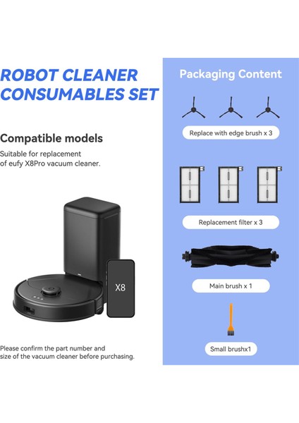 Eufy X8 Pro Serisi Robot Vakum Süpürge Yedek Parçaları Için - X8 Pro Aksesuar Kiti, Ana Fırçalar, Filtreler, Yan Fırçalar (Yurt Dışından) fiyatları