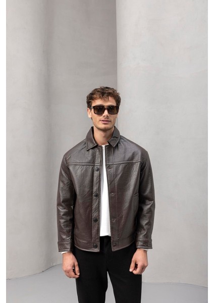 Denzel Düğmeli Yan Cepli Deri Görünümlü Erkek Ceket - Kahve fiyatları