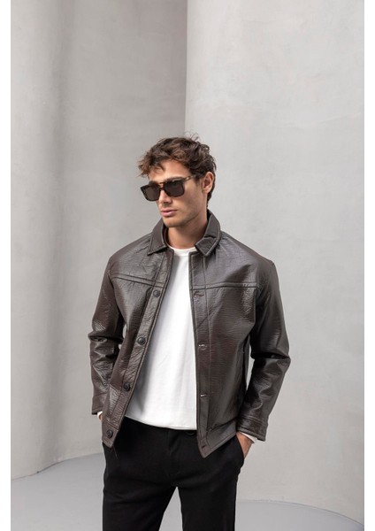 Denzel Düğmeli Yan Cepli Deri Görünümlü Erkek Ceket - Kahve modelleri