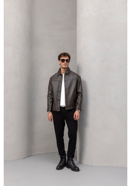 Denzel Düğmeli Yan Cepli Deri Görünümlü Erkek Ceket - Kahve fırsatları