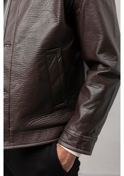 Denzel Düğmeli Yan Cepli Deri Görünümlü Erkek Ceket - Kahve indirimleri