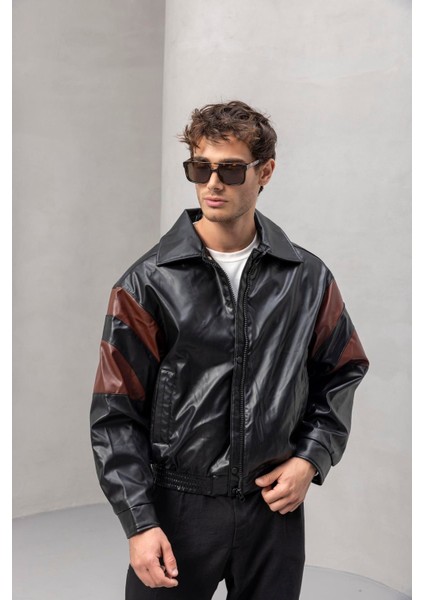 Burton Kolları Garnili Çıtçıtlı Fermuarlı Deri Görünümlü Erkek Ceket - Bordo Siyah fiyatları