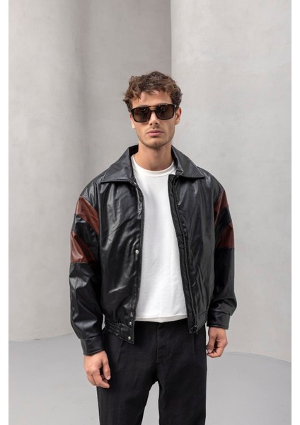 Burton Kolları Garnili Çıtçıtlı Fermuarlı Deri Görünümlü Erkek Ceket - Bordo Siyah modelleri