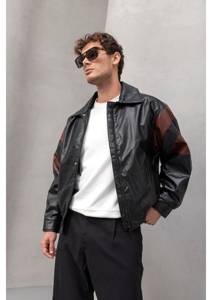 Burton Kolları Garnili Çıtçıtlı Fermuarlı Deri Görünümlü Erkek Ceket - Bordo Siyah indirimleri