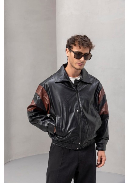 Burton Kolları Garnili Çıtçıtlı Fermuarlı Deri Görünümlü Erkek Ceket - Bordo Siyah