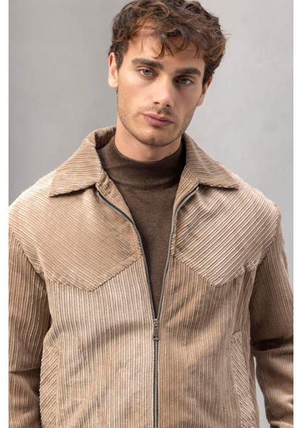 Dreyer Fitilli Kadife Kumaş Fileto Cepli Fermuarlı Erkek Ceket - Bej modelleri