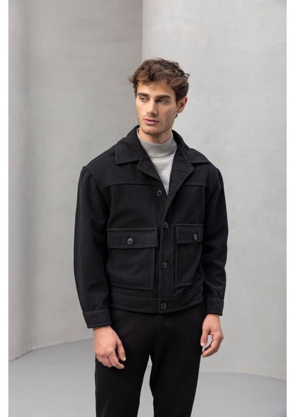 Gaspar Kaşe Kumaş Düğmeli Rahat Kalıp Erkek Ceket - Siyah