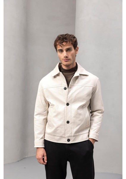 Denzel Düğmeli Yan Cepli Deri Görünümlü Erkek Ceket - Bej fiyatları