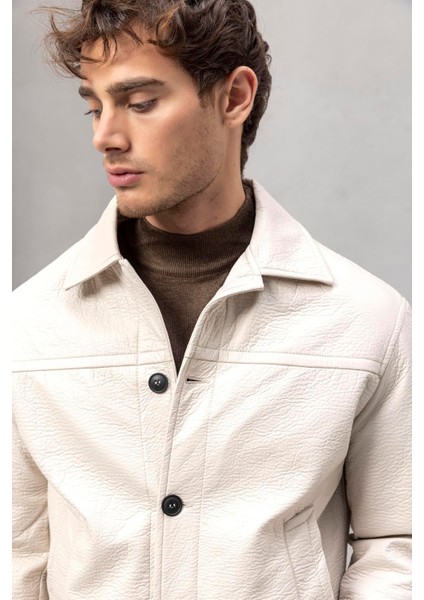 Denzel Düğmeli Yan Cepli Deri Görünümlü Erkek Ceket - Bej modelleri