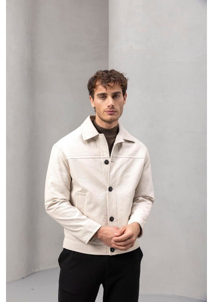 Denzel Düğmeli Yan Cepli Deri Görünümlü Erkek Ceket - Bej fırsatları