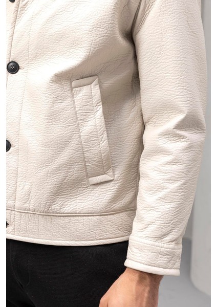 Denzel Düğmeli Yan Cepli Deri Görünümlü Erkek Ceket - Bej indirimleri