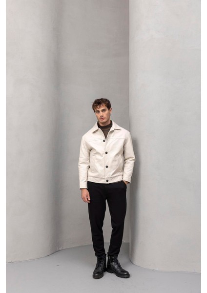 Denzel Düğmeli Yan Cepli Deri Görünümlü Erkek Ceket - Bej