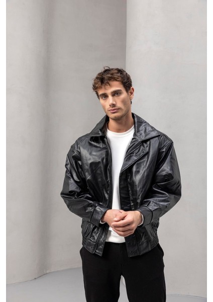 Bomber Oversize Kalıp Deri Görünümlü Yan Cepli Erkek Ceket - Siyah fiyatları