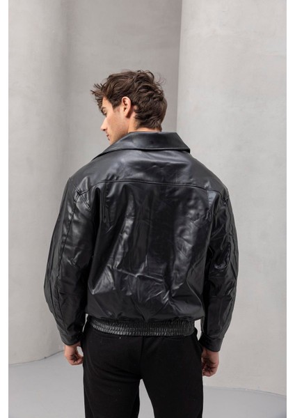 Bomber Oversize Kalıp Deri Görünümlü Yan Cepli Erkek Ceket - Siyah fırsatları