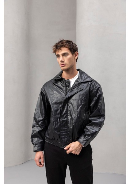Bomber Oversize Kalıp Deri Görünümlü Yan Cepli Erkek Ceket - Siyah indirimleri