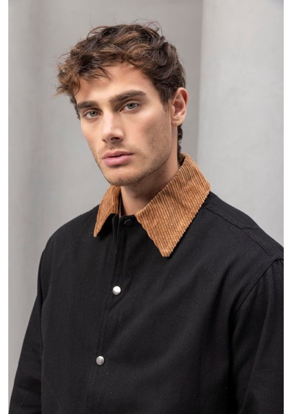 Lauri Workwear Tarzı Tok Kumaş Kadife Yakalı Rahat Kalıp Erkek Ceket - Siyah fırsatları