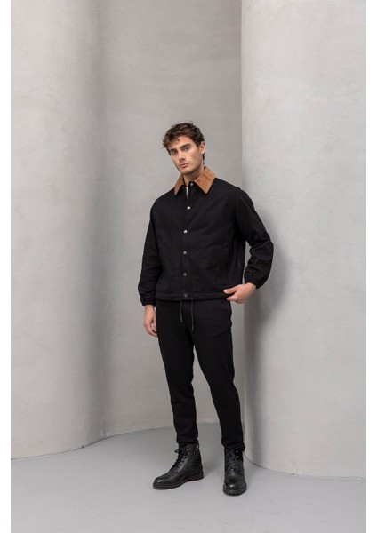 Lauri Workwear Tarzı Tok Kumaş Kadife Yakalı Rahat Kalıp Erkek Ceket - Siyah