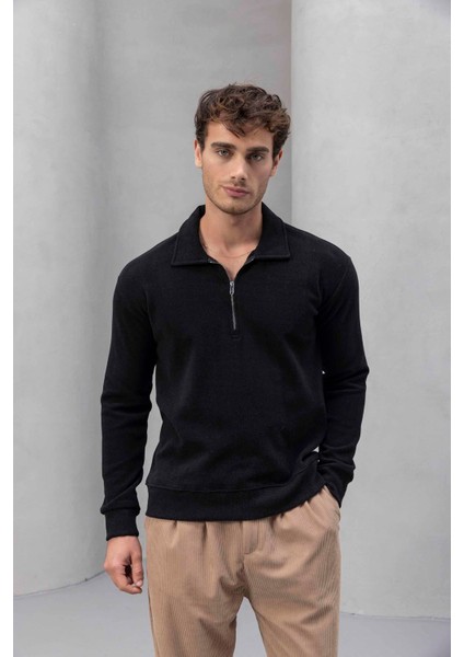 Eric Relax Fit Yarım Fermuarlı Polo Yaka Selanik Kumaş Erkek Sweatshirt - Siyah