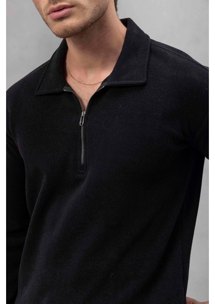 Eric Relax Fit Yarım Fermuarlı Polo Yaka Selanik Kumaş Erkek Sweatshirt - Siyah fiyatları