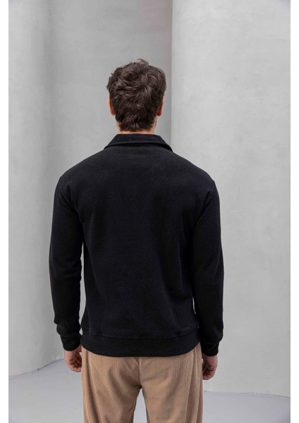Eric Relax Fit Yarım Fermuarlı Polo Yaka Selanik Kumaş Erkek Sweatshirt - Siyah modelleri