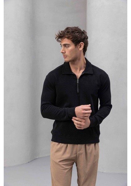 Eric Relax Fit Yarım Fermuarlı Polo Yaka Selanik Kumaş Erkek Sweatshirt - Siyah fırsatları
