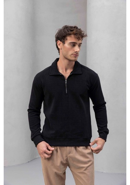 Eric Relax Fit Yarım Fermuarlı Polo Yaka Selanik Kumaş Erkek Sweatshirt - Siyah indirimleri
