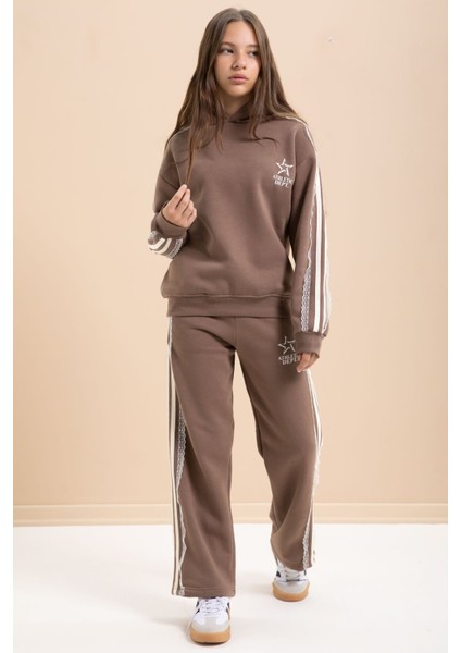 Kahverengi 3 Iplik Şardonlu Şeritli Dantel Detaylı Kız Çocuk Kapüşonlu Eşofman Takımı 22721