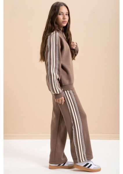 Kahverengi 3 Iplik Şardonlu Şeritli Dantel Detaylı Kız Çocuk Kapüşonlu Eşofman Takımı 22721 fiyatları