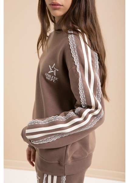 Kahverengi 3 Iplik Şardonlu Şeritli Dantel Detaylı Kız Çocuk Kapüşonlu Eşofman Takımı 22721 modelleri