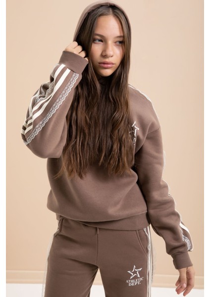 Kahverengi 3 Iplik Şardonlu Şeritli Dantel Detaylı Kız Çocuk Kapüşonlu Eşofman Takımı 22721 fırsatları