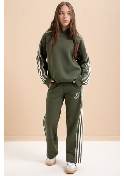 Haki 3 Iplik Şardonlu Şeritli Dantel Detaylı Kız Çocuk Kapüşonlu Eşofman Takımı 22722