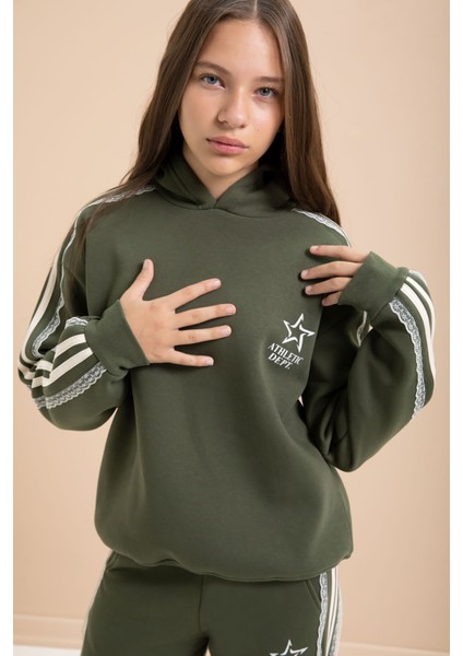 Haki 3 Iplik Şardonlu Şeritli Dantel Detaylı Kız Çocuk Kapüşonlu Eşofman Takımı 22722 fiyatları