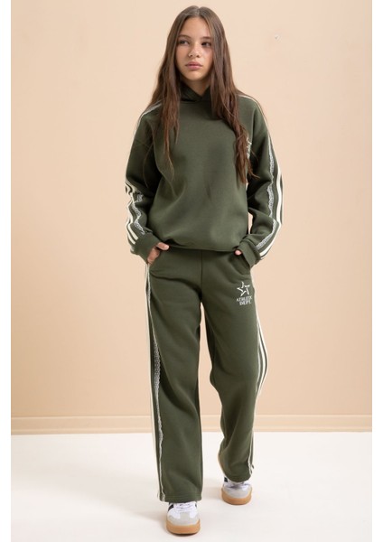 Haki 3 Iplik Şardonlu Şeritli Dantel Detaylı Kız Çocuk Kapüşonlu Eşofman Takımı 22722 fırsatları