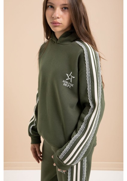 Haki 3 Iplik Şardonlu Şeritli Dantel Detaylı Kız Çocuk Kapüşonlu Eşofman Takımı 22722 indirimleri