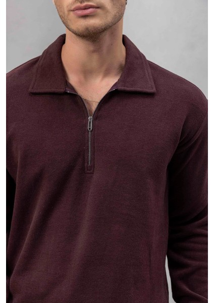Eric Relax Fit Yarım Fermuarlı Polo Yaka Selanik Kumaş Erkek Sweatshirt - Bordo
