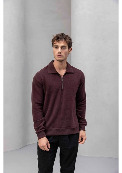 Eric Relax Fit Yarım Fermuarlı Polo Yaka Selanik Kumaş Erkek Sweatshirt - Bordo