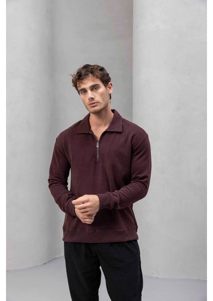 Eric Relax Fit Yarım Fermuarlı Polo Yaka Selanik Kumaş Erkek Sweatshirt - Bordo