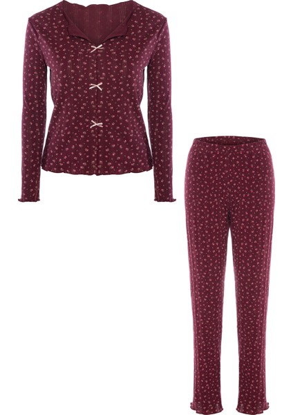 Kadın Pamuklu Çıtır Çiçek Desenli Baby Overloklu Fiyonk Detaylı Uzun Kollu Pijama Takımı