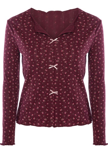 Kadın Pamuklu Çıtır Çiçek Desenli Baby Overloklu Fiyonk Detaylı Uzun Kollu Pijama Takımı fiyatları