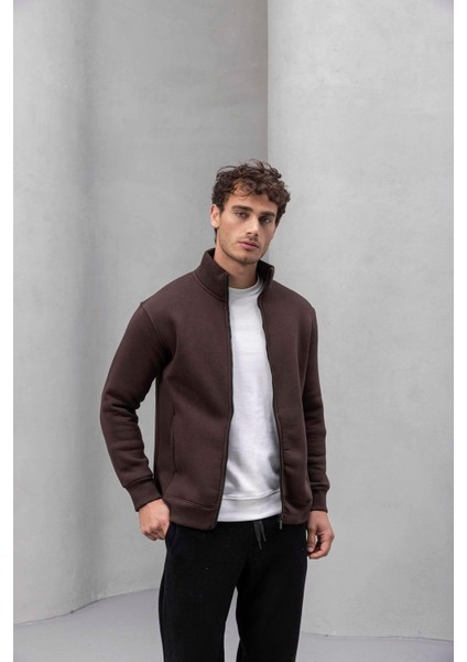 Marcel Regular Fit Fermuarlı Kıstırma Cepli Üç Ip Şardonlu Erkek sweatshirt - Kahve