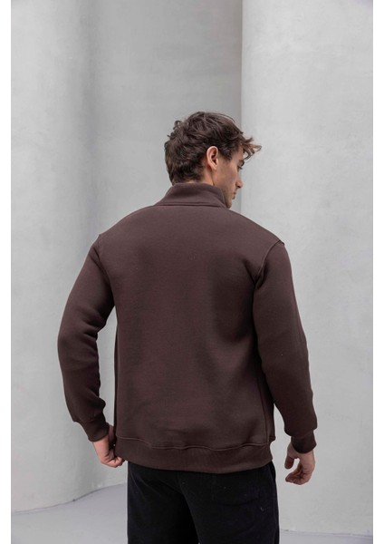 Marcel Regular Fit Fermuarlı Kıstırma Cepli Üç Ip Şardonlu Erkek sweatshirt - Kahve modelleri